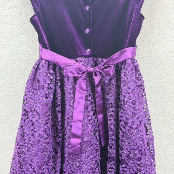 Jona Michelle Kids Purple Velvet Dress Size 10 Glitter Mesh Lace Bow Holiday - Picture 4 of 14
